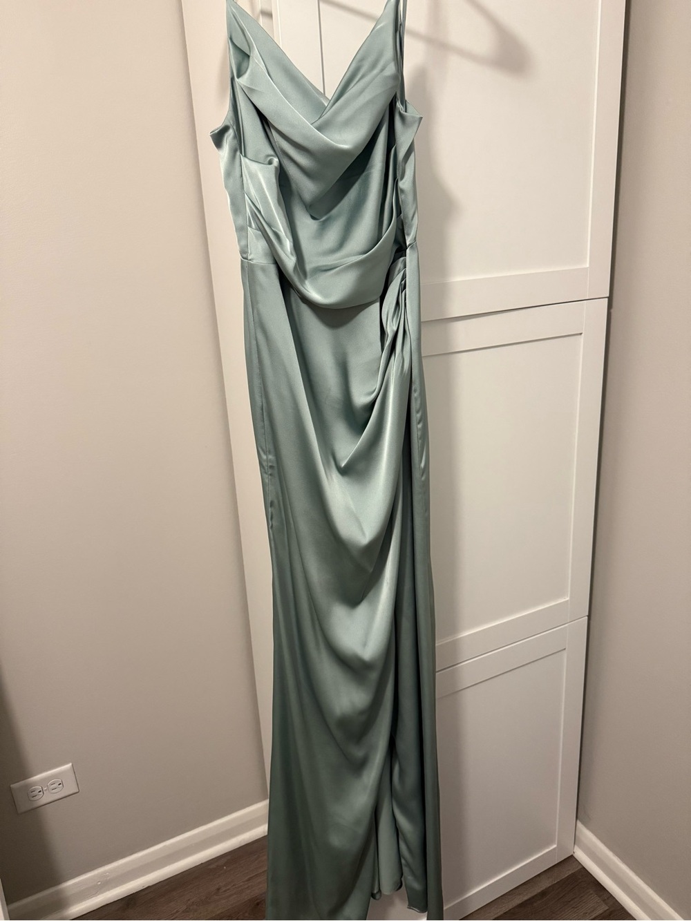 Birdy Grey Sage Satin Cowl Draped Prom Gown